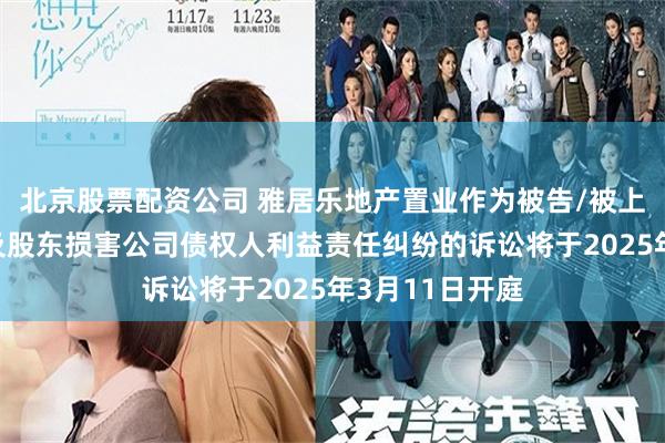 北京股票配资公司 雅居乐地产置业作为被告/被上诉人的1起涉及股东损害公司债权人利益责任纠纷的诉讼将于2025年3月11日开庭